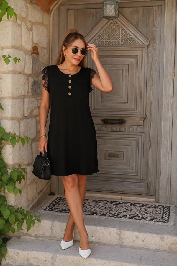 MDB Kadın Kısa Dantel Kollu önden Düğmeli Viskon Elbise - Image 1