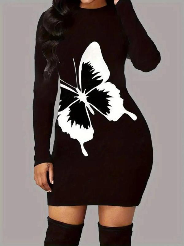 MDB Kadın Uzun Kollu Bisiklet Yaka Kelebek Desenli Kısa Viskon Iki Iplik Elbise - Image 1