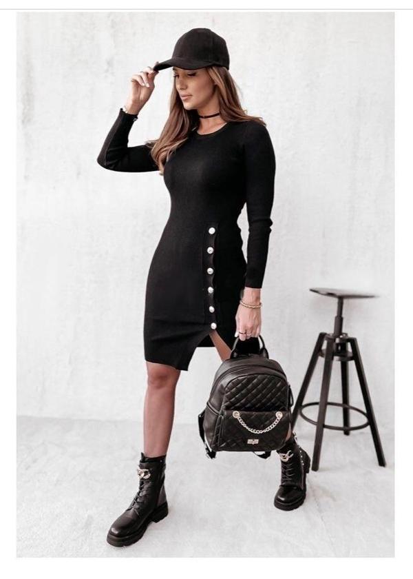 MDB Kadın Siyah Uzun Kollu Bisiklet Yaka Yan Yırtmaç Düğme Detay Kısa Kaşkorse Elbise - Image 1