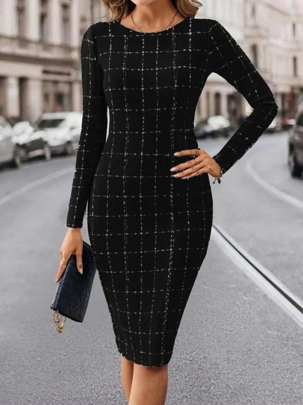 MDB Kadın Uzun Kollu Yuvarlak Yaka Mini Dokuma Elbise - Image 1