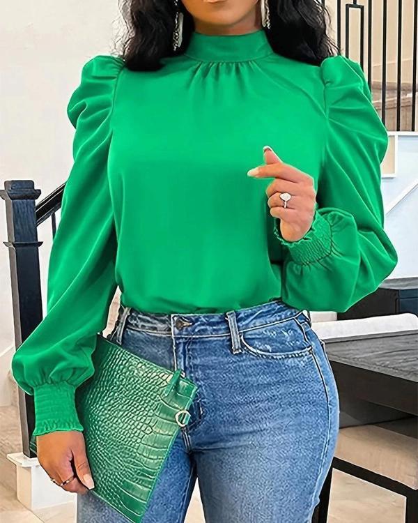 MDB Kadın Uzun Kollu Balıkçı Yaka Arkadan Bağlamalı Omuzlardan Balon Ithal Krep Bluz - Image 1