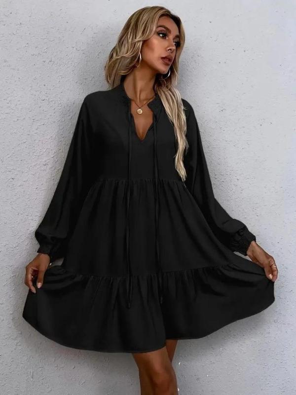 MDB Kadın Uzun Kollu Yakadan Bağcıklı Fırfırlı Keten Mini Elbise - Image 1