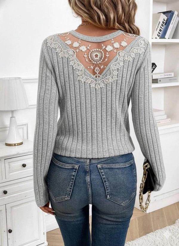 MDB Kadın Uzun Kollu V Yakalı Arkadan Dantel Detaylı şardonlu Kaşkorse Bluz - Image 1