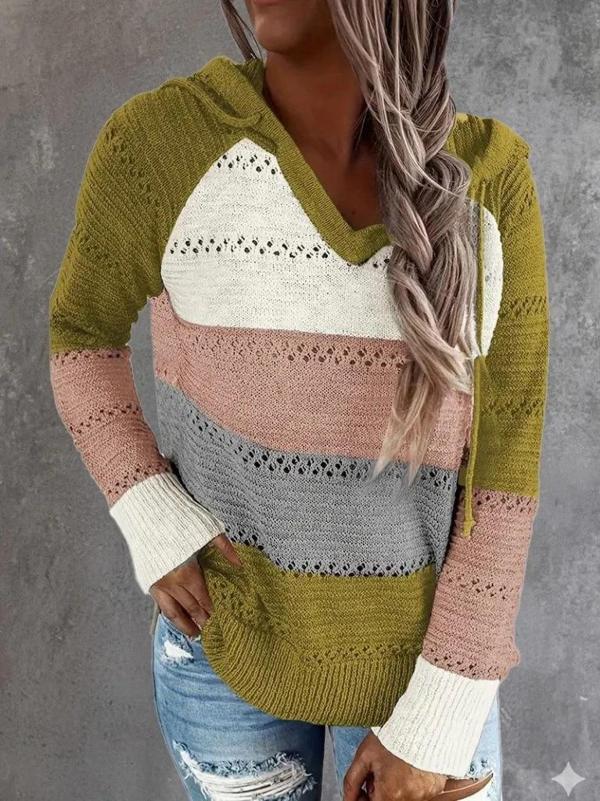 MDB Kadın Uzun Kollu V Yakalı Bağcıklı Kapşonlu Triko Bluz - Image 1