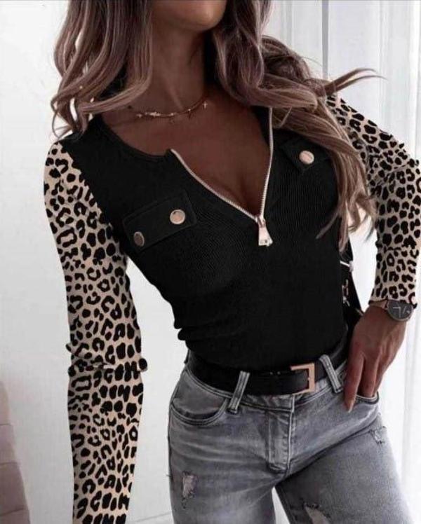 MDB Kadın Uzun Kollu Leopar Desenli Fermuarlı önden Cep Ve Düğme Detaylı Kaşkorse Bluz - Image 1