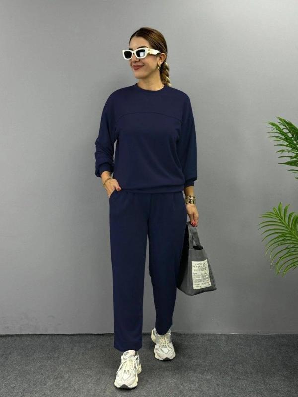 MDB Kadın Uzun Kollu Bisiklet Yaka Viskon Iki Iplik Bluz Ve Pantolon Ikili Takım - Image 1