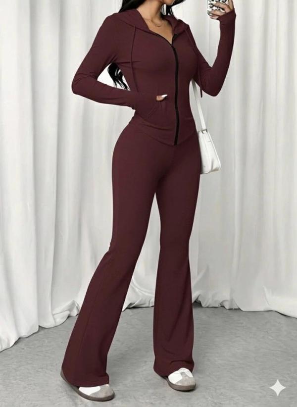 MDB Kadın Uzun Kollu Kapşonlu Bağcıklı önü Fermuarlı Viskon Iki Iplik Bluz Ve Pantolon Ikili Takım - Image 1