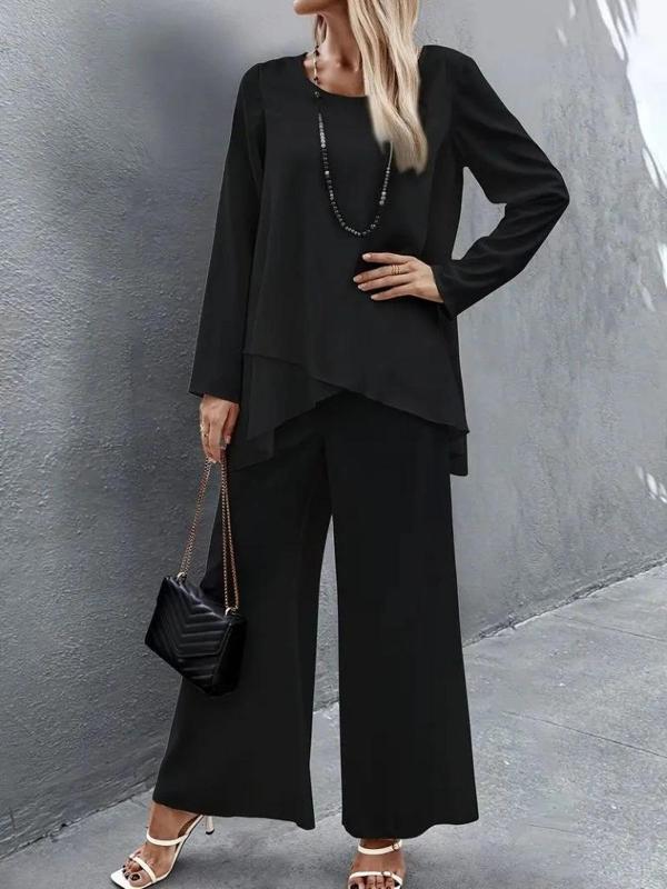 MDB Kadın Uzun Kollu Asimetrik Detaylı Salaş Sandy Bluz Ve Pantolon Ikili Takım - Image 1