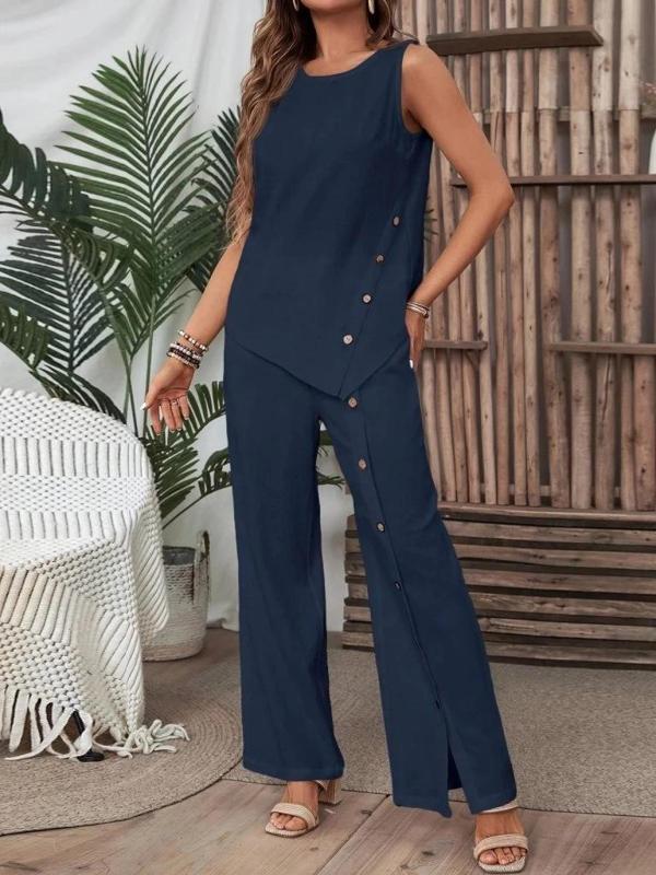 MDB Kadın Kolsuz Düğmeli Asimetrik Detaylı Bürümcük Bluz Ve Pantolon Takım - Image 1