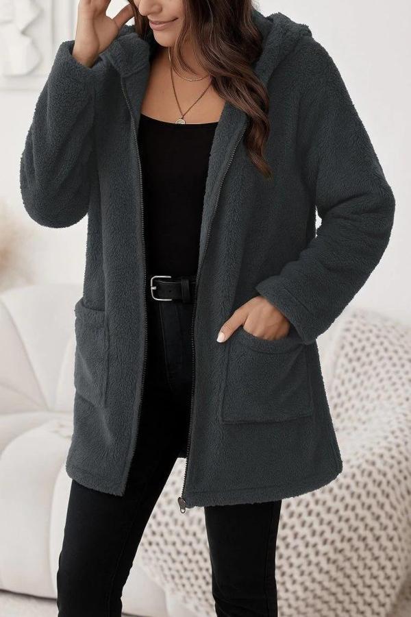 MDB Kadın Uzun Kollu Kapşonlu önden Fermuarlı Cepli Welsoft Ceket - Image 1
