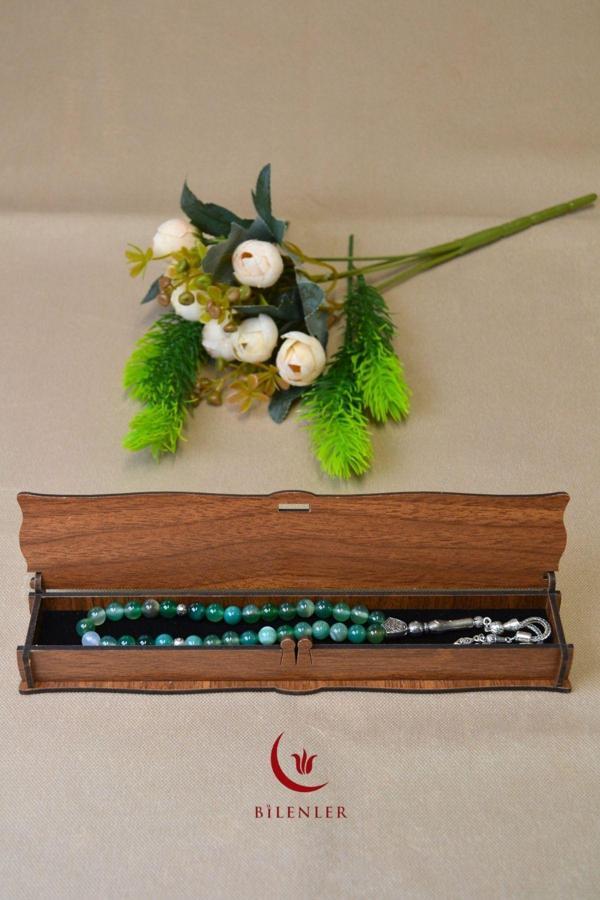 Yeşil Akik Taşlı 33’lü Erkek Tesbih – Doğal Taş, Özel Ahşap Kutulu - Image 1