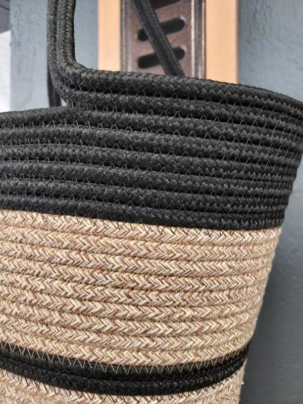 Doğal Hasır Jüt El Örmesi Günlük Kullanım ve Plaj İçin Uygun Bayan Çanta-Bej Siyah Çizgili v1 - Image 1