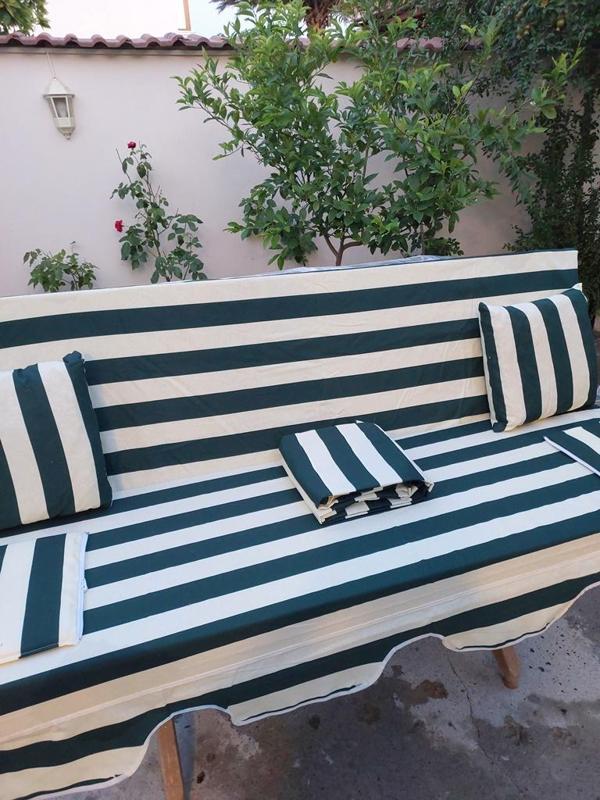 Mandaş Süngerli 3 Kişilik Salıncak Minder Seti (Pamuklu Kumaş)-Yeşil Krem - Image 1