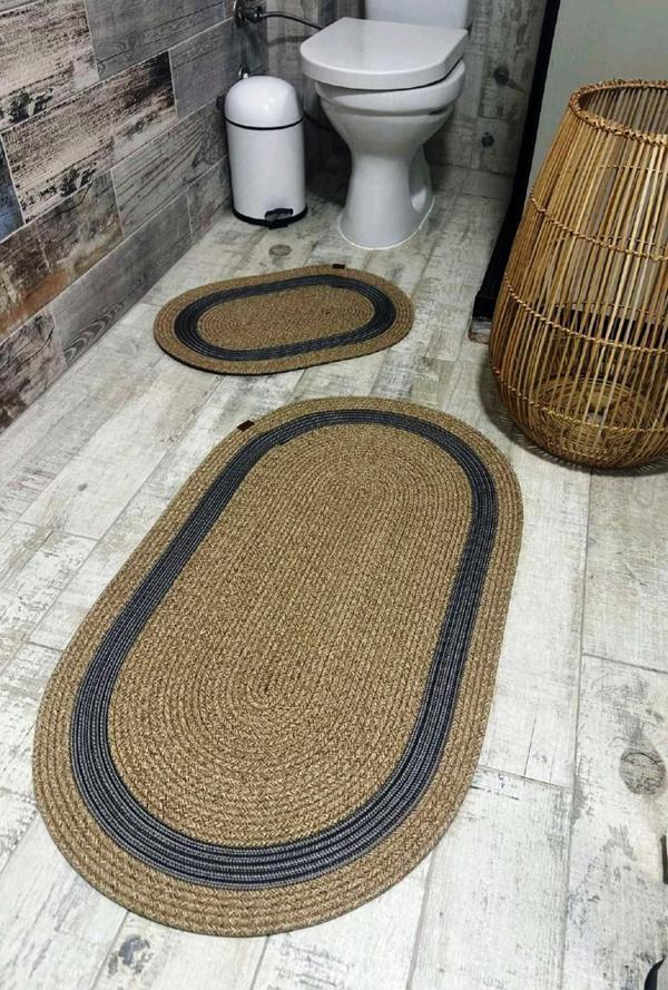 Jüt Hasır 2li Banyo Seti Paspas Takımı-Bej Ortası Gri - Image 1