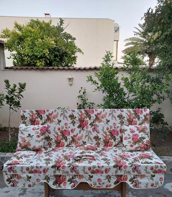 Mandaş Süngerli 3 Kişilik Salıncak Minder Seti (Pamuklu Kumaş)-İngiliz Gülü Pembe - Image 1