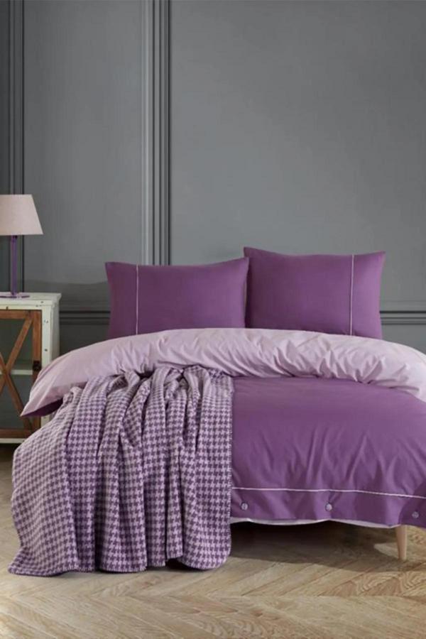Ecosse Stylish Pamuk Battaniyeli Çift Kişilik Nevresim Takımı-Mor - Image 1