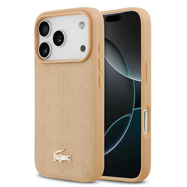 Lacoste İphone 17 Pro Uyumlu Kılıf Lisanslı M-Safeli Pu Deri Karışık Monogram Desenli Kapak Bej - Image 1