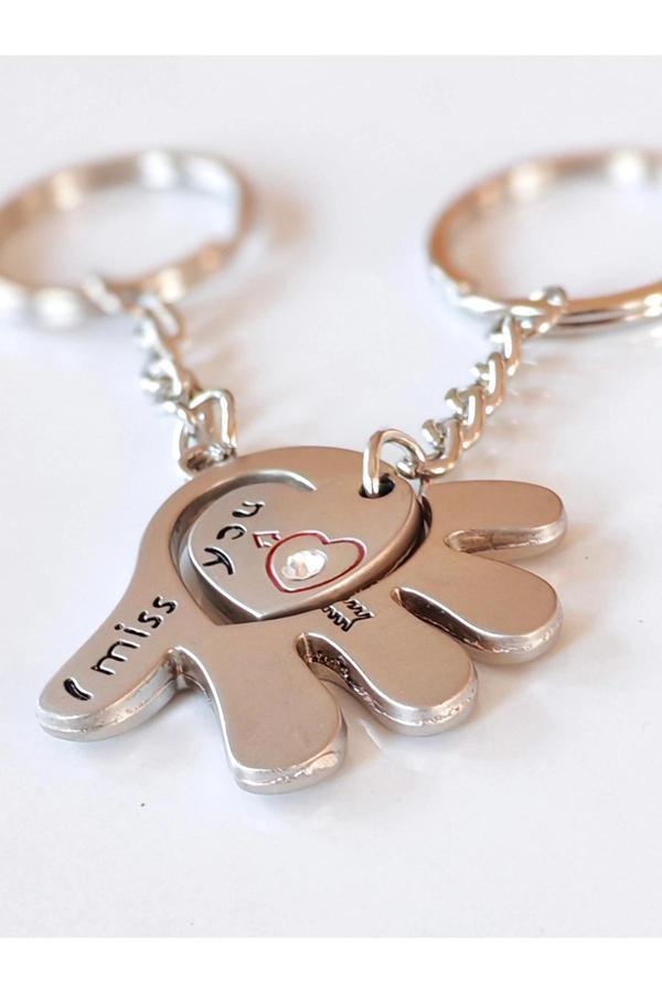 Avuç İçinde Kalp Sevgililere Özel Metal İkiz Anahtarlık - Image 1