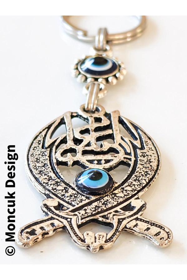 Nazar Boncuklu Çift Hz Ali Kılıçlı Metal Anahtarlık - Image 1