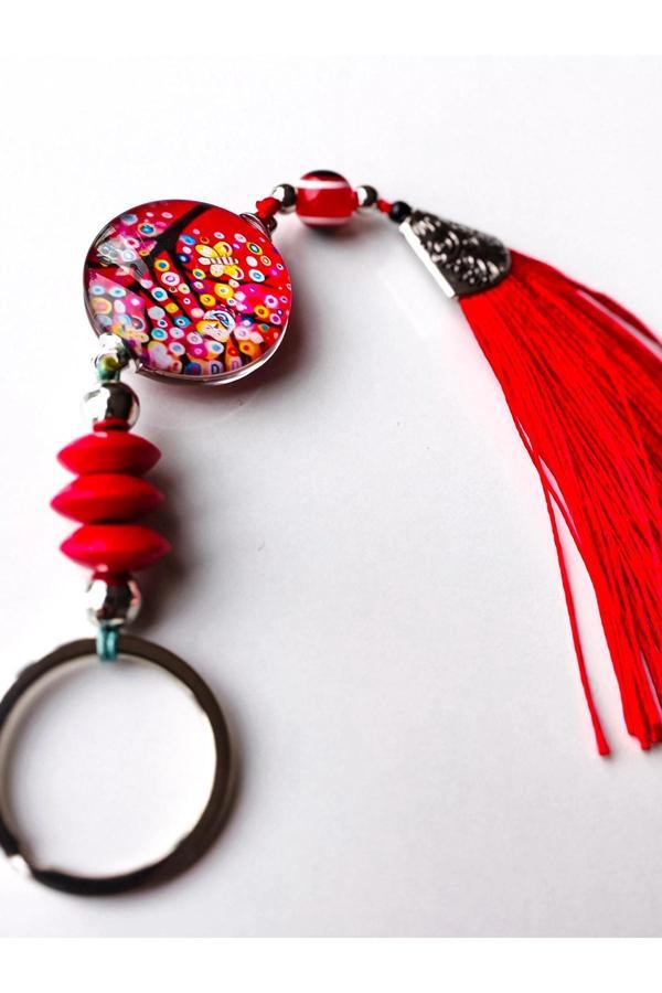 Kırmızı Boncuklu Cam Hayat Ağacı Kırmızı Püsküllü Anahtarlık - Image 1