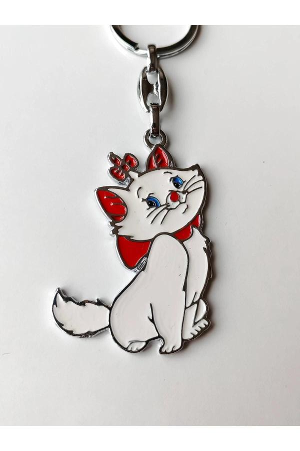 Kırmızı Kurdelalı ve Papyonlu Beyaz Renkli Şirin Kedi Metal Anahtarlık - Image 1