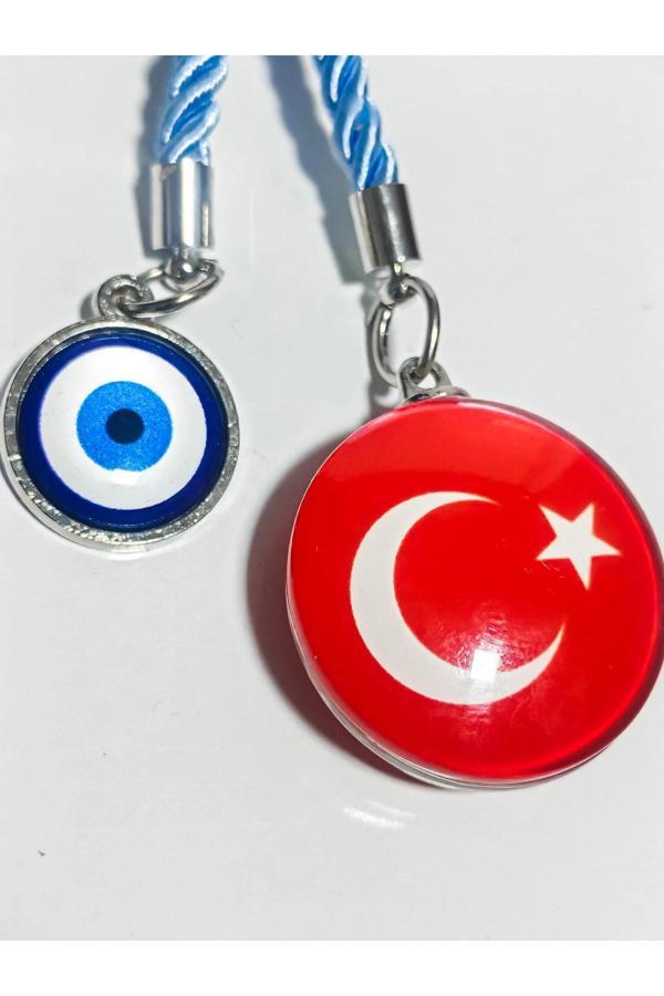 Türk Bayraklı Cam Boncuklu ve Nazar Boncuklu Anahtarlık - Image 1