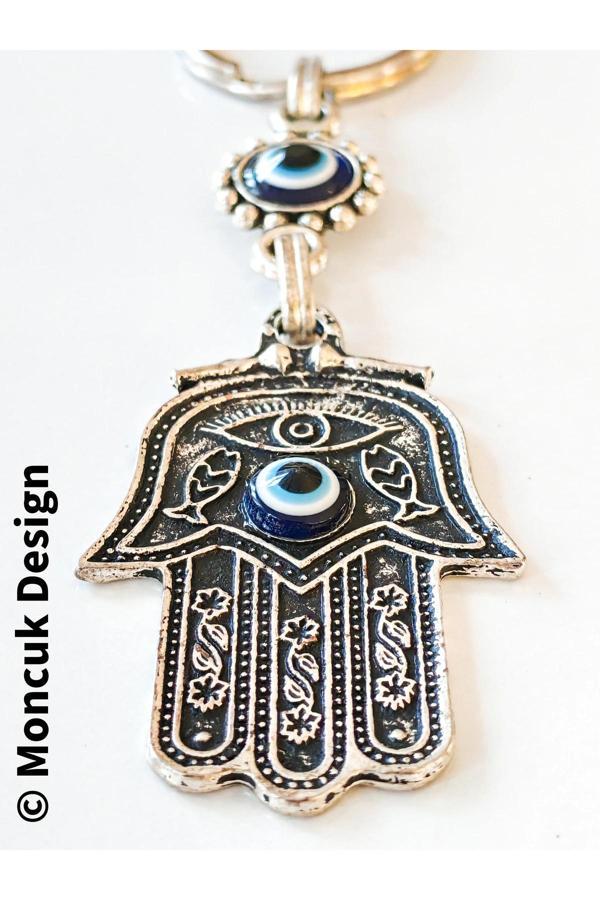 Fatımanın Eli Şeklinde Üzeri Nazar Boncuğu Camlarıyla Bezeli Metal Anahtarlık - Image 1