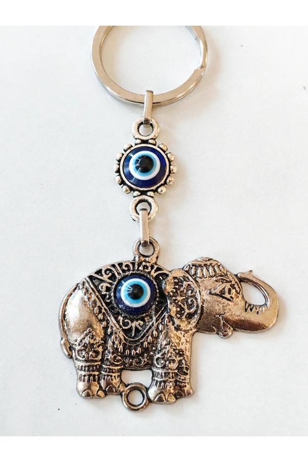 Fil Şekilli Üzeri Cam Göz Süslemeli İnce İşlemeli Metal Anahtarlık - Image 1