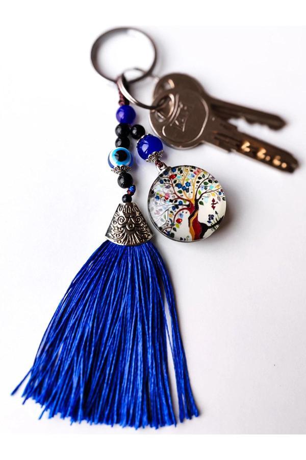Renkli Cam Hayat Ağacı Mavi Püsküllü Anahtarlık - Image 1