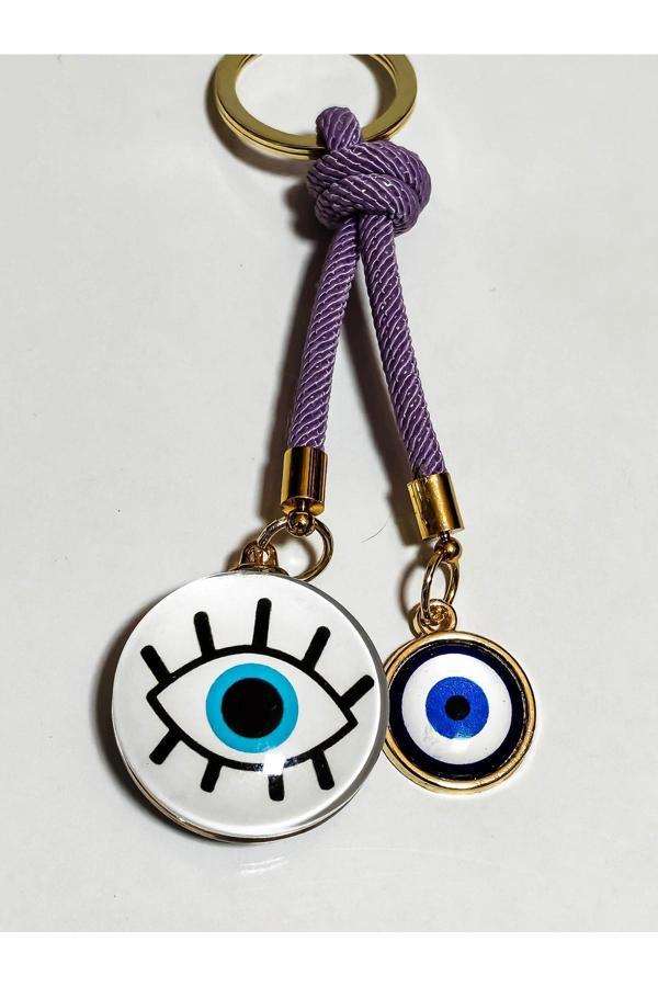 Göz Desenli Beyaz Cam Boncuk ve Küçük Sarı Metal Nazar Boncuklu Anahtarlık - Image 1