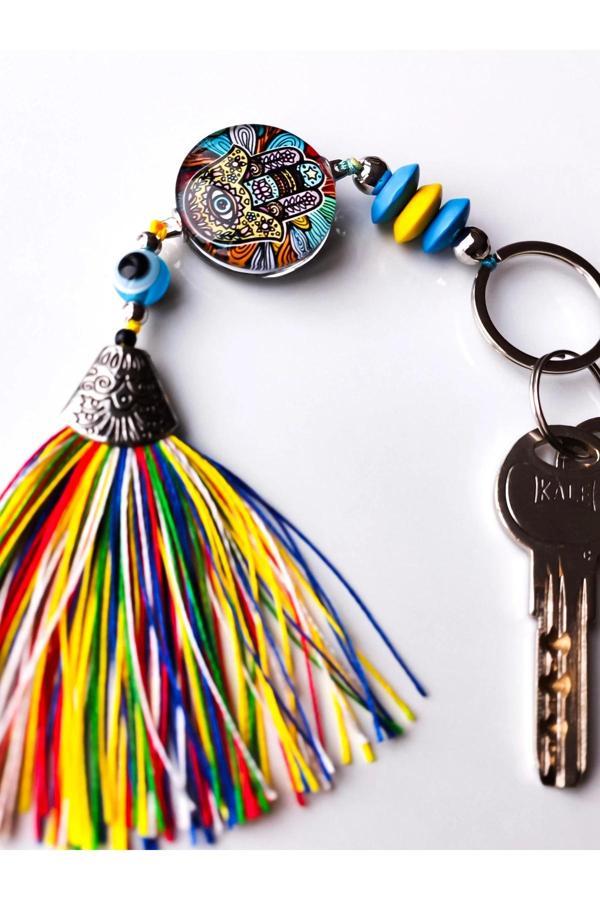 Renkli Fatımanın Eli Cam Boncuklu Renkli Püsküllü Anahtarlık - Image 1