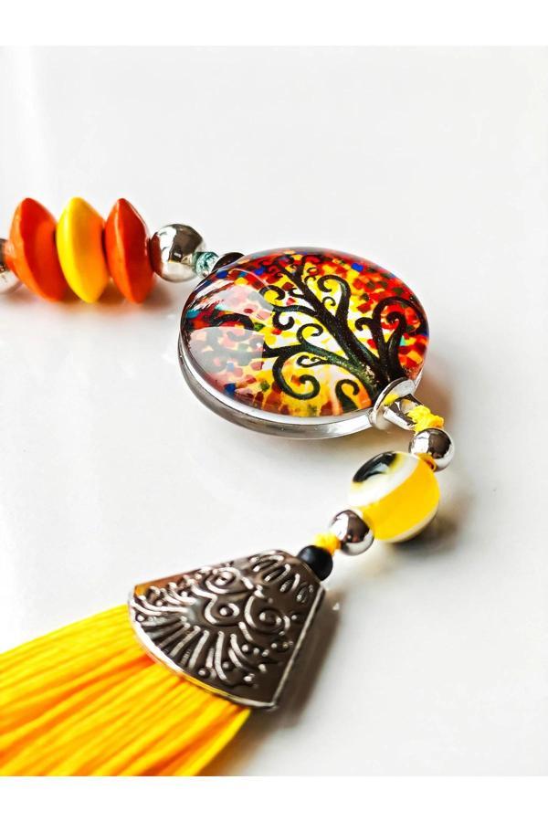 Sarı Cam Hayat Ağacı Desenli Sarı Püsküllü Anahtarlık - Image 1