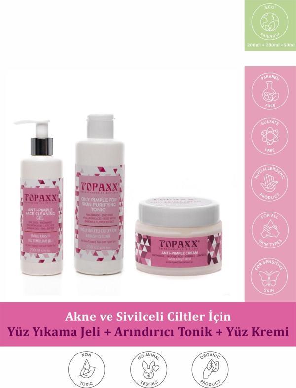 Topaxx Sivilce Karşıtı Set: Krem 50 ml + Yüz Temizleme Jeli 200 ml + Tonik 200 ml - Image 1