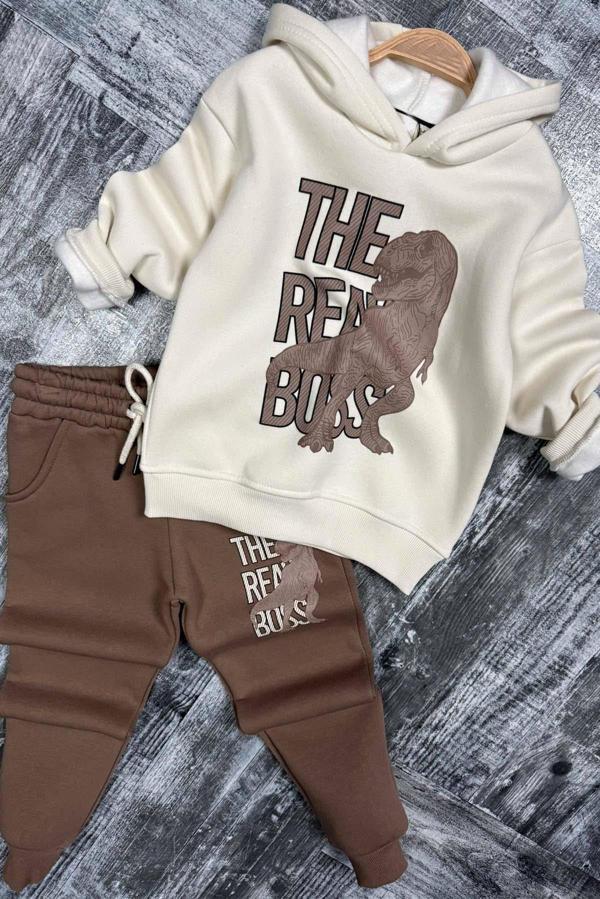 Erkek Çocuk Önü Yazı Ve Dino Baskılı Kapşonlu Sweatshirt 3 İplik Kahverengi Eşofman Takım - Image 1