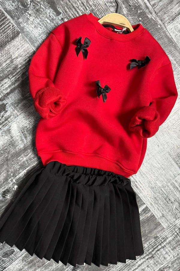 Kız Çocuk Kurdela Detaylı 3 İplik Kazak Pileli Siyah Etekli Takım - Image 1