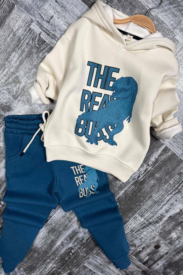 Erkek Çocuk Önü Yazı Ve Dino Baskılı Kapşonlu Sweatshirt 3 İplik Mavi Eşofman Takım - Image 1