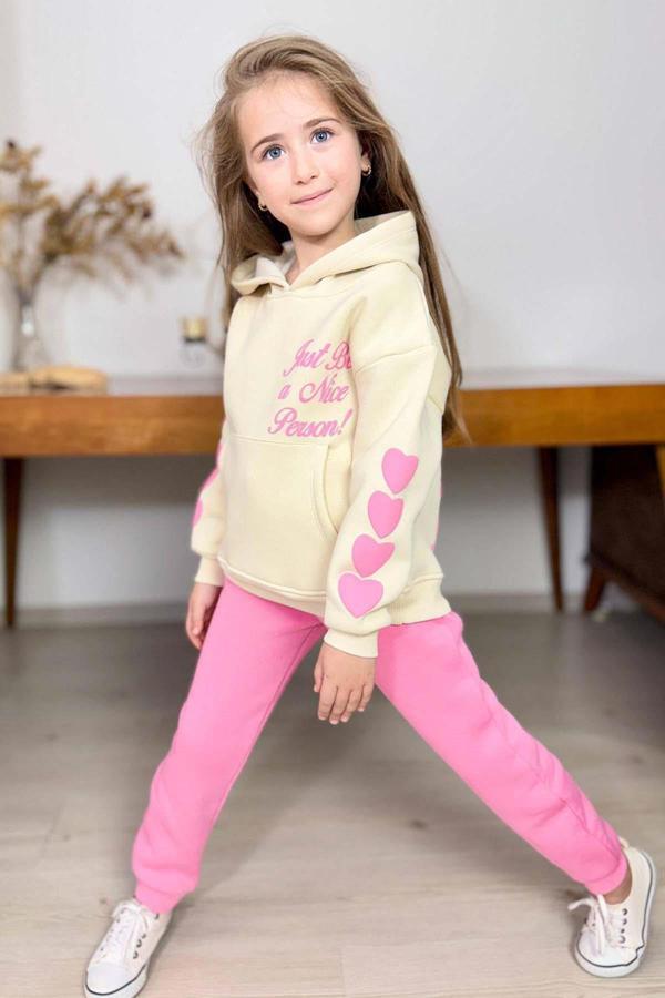 Kız Çocuk Sırt Baskılı ve Kollarında Yazı Detaylı Sweatshirt Pembe Eşofman Takım - Image 1