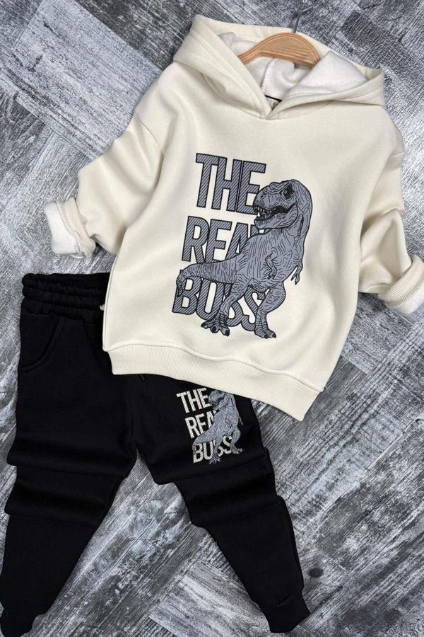 Erkek Çocuk Önü Yazı Ve Dino Baskılı Kapşonlu Sweatshirt 3 İplik Siyah Eşofman Takım - Image 1
