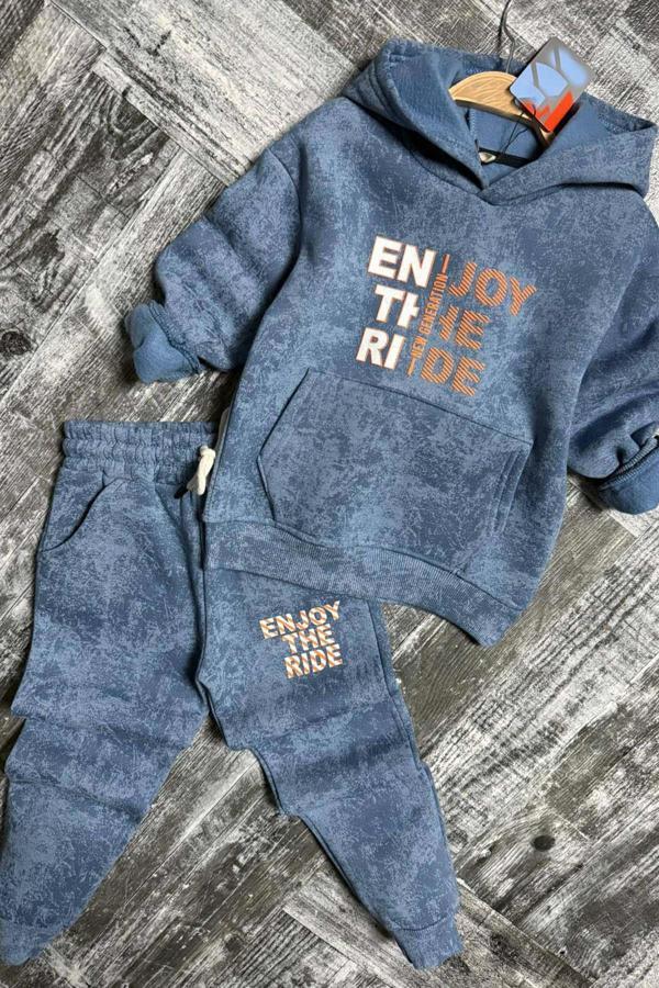Erkek Çocuk Enjoy The Kalıp Baskılı Kapşonlu Sweatshirt Mavi Eşofman Takım - Image 1