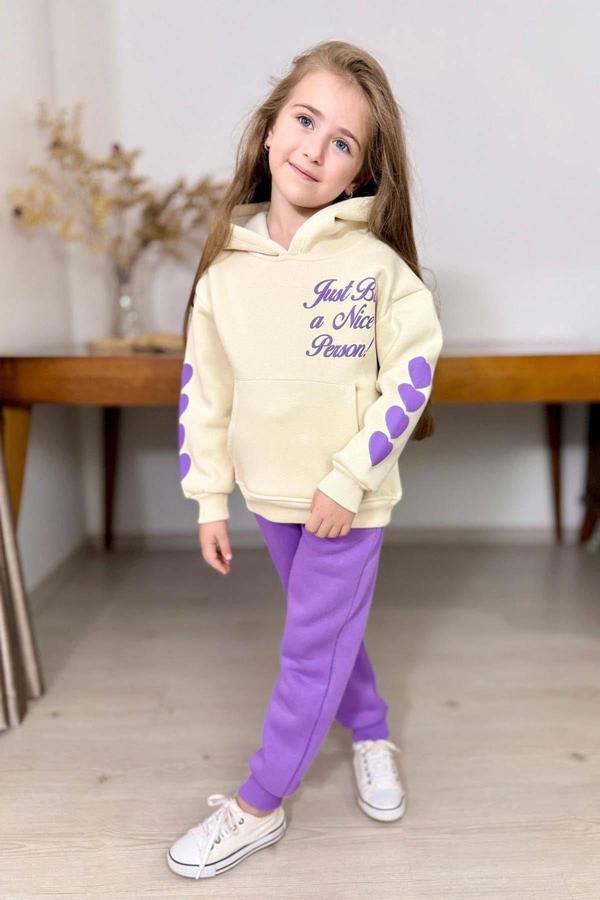 Kız Çocuk Sırt Baskılı ve Kollarında Yazı Detaylı Sweatshirt Mor Eşofman Takım - Image 1