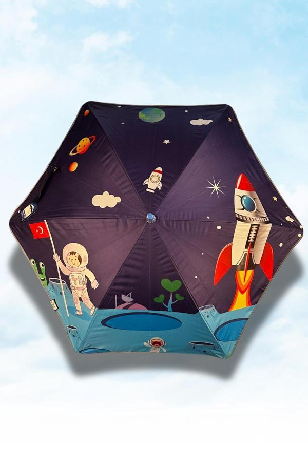 Marlux Fiber 6 Telli Dayanıklı Özel Tasarım Çocuk Şemsiyesi Türk Bayraklı Astronot Uzay Desenli MAR1099FL - Image 1