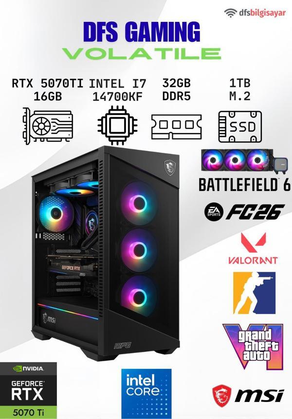 DFS Gaming VOLATILE Intel Core i7 14700KF-B760M-A-RTX 5070TI-32GB DDR5 RAM-1TB M.2 SSD-MASASÜSTÜ OYUNCU BİLGİSAYARI - Image 1