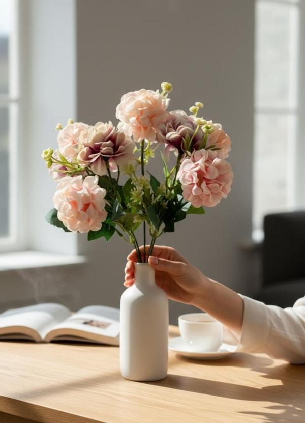 Yapay Çiçek Kartopu Krizantem Pudra Pembe 5Dallı 10toplu Demet 30cm - Image 1