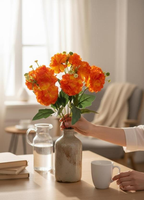 Yapay Çiçek Kartopu Krizantem Turuncu Somon 5Dallı 10toplu Demet 30cm - Image 1