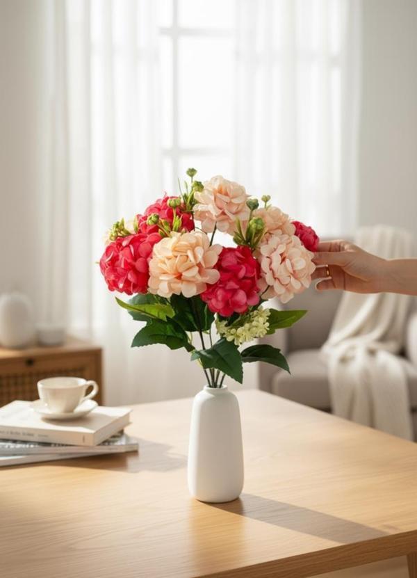 Yapay Çiçek Kartopu Krizantem Fuşya Pembe 5Dallı 10toplu Demet 30cm - Image 1