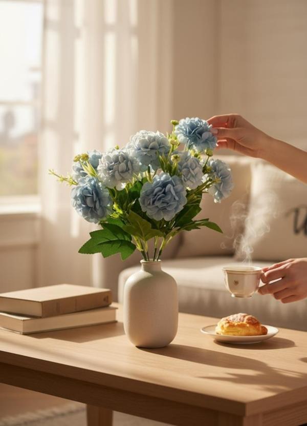 Yapay Çiçek Kartopu Krizantem Mavi Açık 5Dallı 10toplu Demet 30cm - Image 1