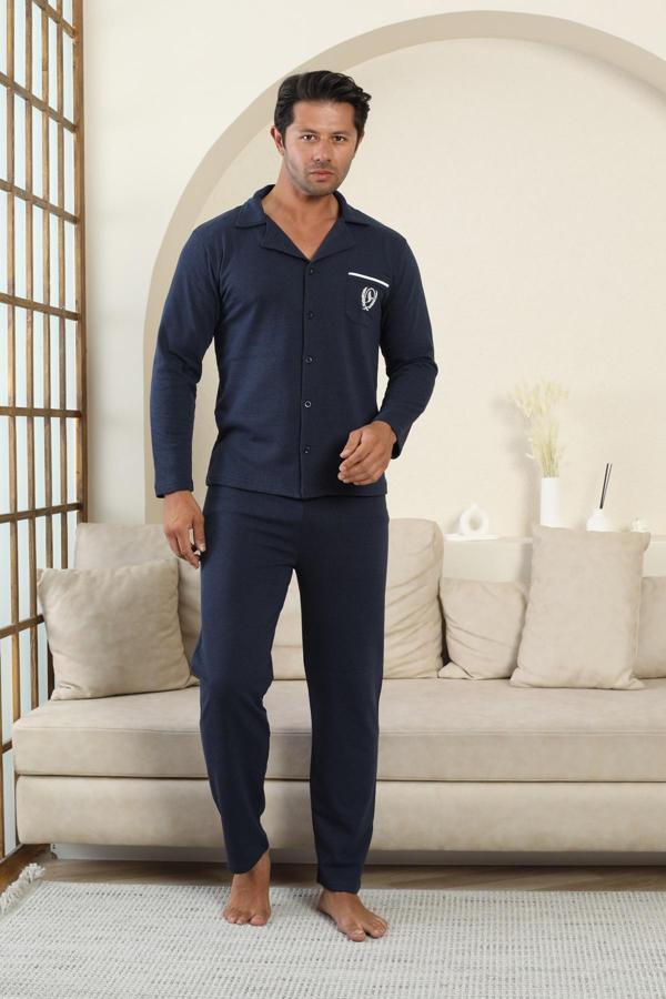 FLK 7000 Boydan Düğmeli Kışlık İki İplik Kalın Kumaş Erkek Ev Pijama Takımı - Image 1