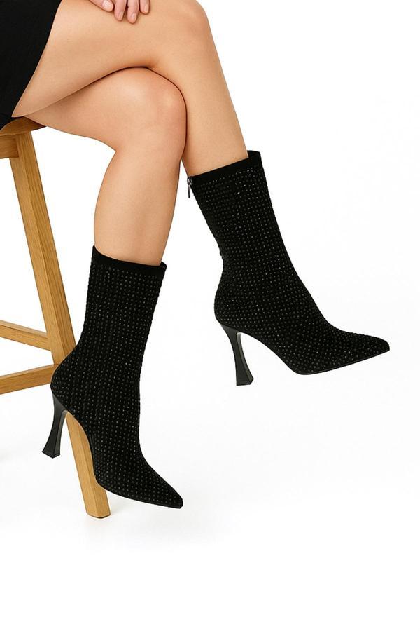 Nell Siyah Süet Taşlı Sivri Burun Fermuarlı İnce Topuklu Abiye Yarım Çizme - Image 1
