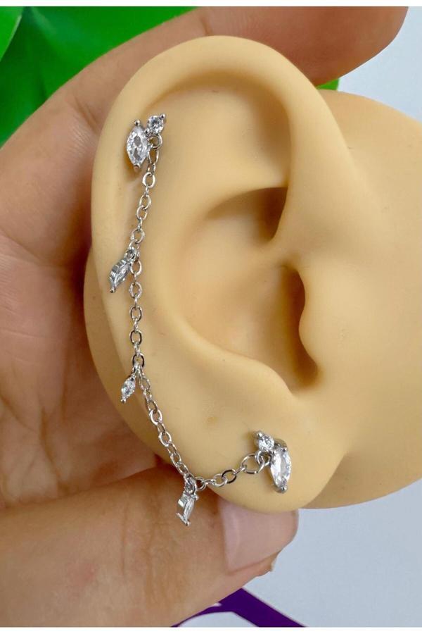 Ares Collection Zirkon Taşlı 1 Adet Zincir Bağlantılı İkili Kıkırdak Kulak Memesi Uyumlu Piercing Küpe - Image 1