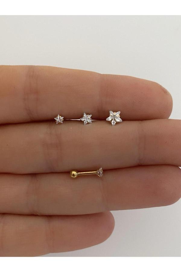 Ares Collection Cerrahi Çelik 3 Lü Yıldız Tragus Helix Conch Lobe Kıkırdak Uyumlu Piercing Küpe - Image 1
